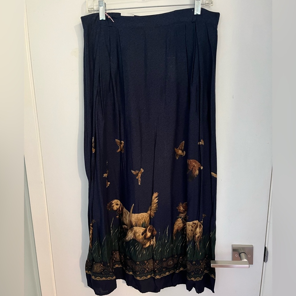 Whimsical Rayon Navy Blue Skirt with Hunting Dog Print 32” Waist